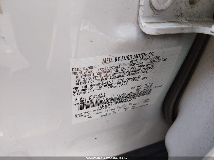 2008 Mercury Sable VIN 1MEHM42W08G623779 IAAI salvage auction — FRONT END, Salvage (Kansas), sold $350 on 2026-09-04 (photo 9)