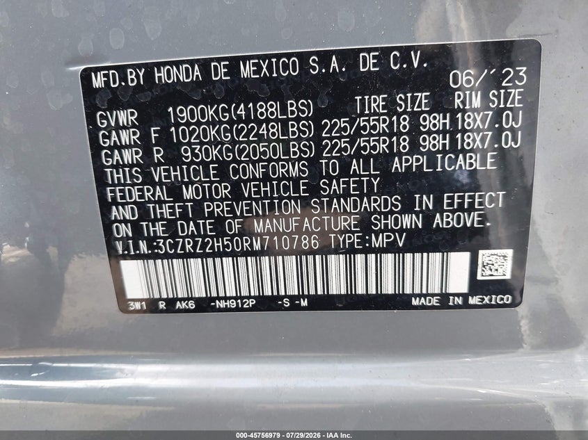 2024 Honda Hr-v VIN 3CZRZ2H50RM710786 IAAI salvage auction — LEFT FRONT, Salvage Title, sold $8,700 on 2026-08-22 (photo 9)
