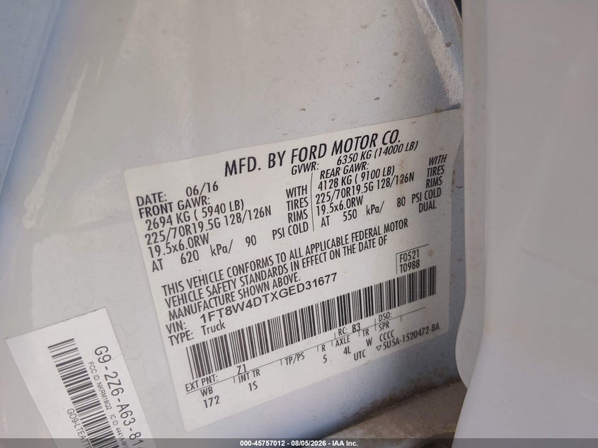 2016 Ford F-450 VIN 1FT8W4DTXGED31677 IAAI salvage auction — NORMAL WEAR, Sf97 (Arizona), sold $24,200 on 2026-08-25 (photo 9)