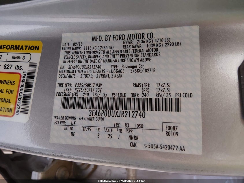 2018 Ford Fusion VIN 3FA6P0UUXJR212740 IAAI salvage auction — NORMAL WEAR, SF97 (Oklahoma), sold $11,025 on 2026-09-03 (photo 9)