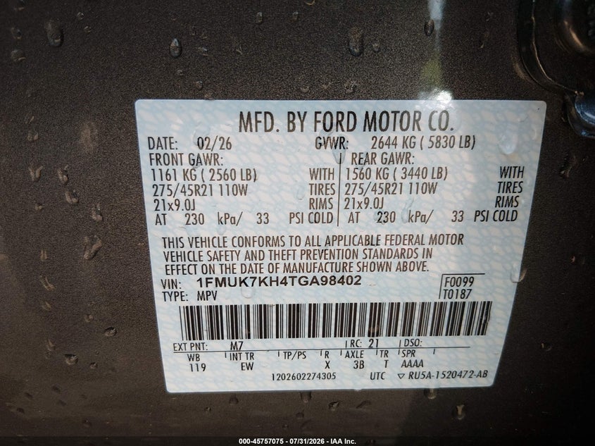 2026 Ford Explorer VIN 1FMUK7KH4TGA98402 IAAI salvage auction — UNKNOWN, Wait Title, sold $16,250 on 2026-09-24 (photo 9)