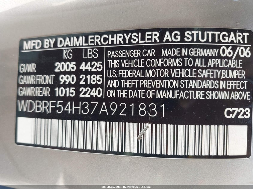 2007 Mercedes-benz C class VIN WDBRF54H37A921831 IAAI salvage auction — SUSPENSION, Salvage (California), sold $350 on 2026-08-17 (photo 9)