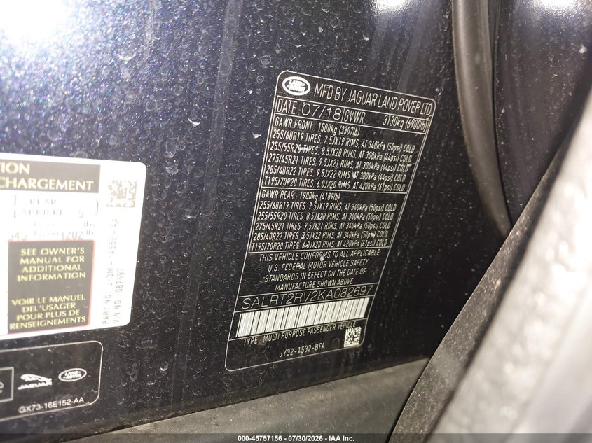 2019 Land rover Discovery VIN SALRT2RV2KA082697 IAAI salvage auction — REAR END, Salvage Title, sold $9,700 on 2026-08-13 (photo 9)