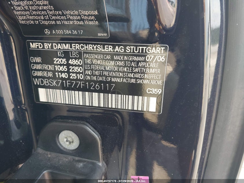 2007 Mercedes-benz Sl-class VIN WDBSK71F77F126117 IAAI salvage auction — NORMAL WEAR, Clear (Alabama), sold $3,050 on 2026-08-12 (photo 9)