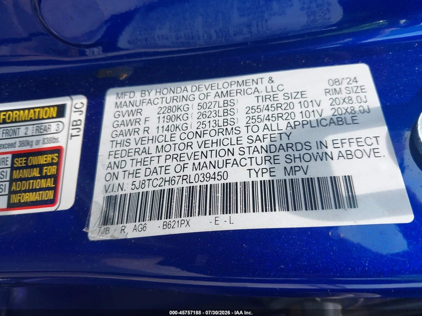 2024 Acura Rdx VIN 5J8TC2H67RL039450 IAAI salvage auction — FRONT END, Wait Title, sold $7,350 on 2026-09-16 (photo 9)