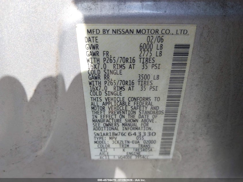 2006 Nissan Pathfinder VIN 5N1AR18W76C643330 IAAI salvage auction — NORMAL WEAR, Clear (Virginia), sold $0 on 2026-09-12 (photo 9)