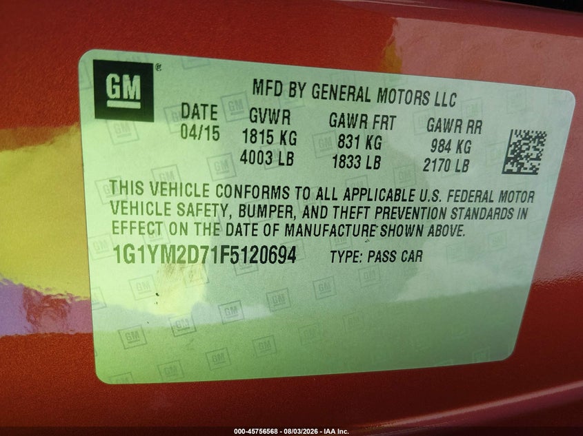 2015 Chevrolet Corvette VIN 1G1YM2D71F5120694 IAAI salvage auction — FRONT END, Salvage (Texas), sold $14,900 on 2026-08-27 (photo 9)