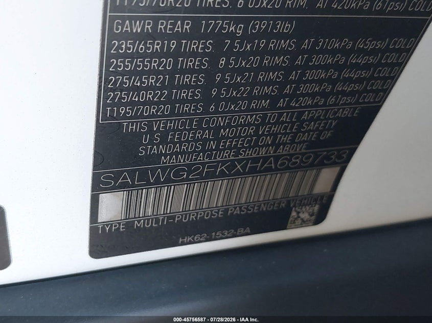 2017 Land rover Range rover sport VIN SALWG2FKXHA689733 IAAI salvage auction — UNKNOWN, Clear - Dealer Only (California), sold $9,100 on 2026-08-19 (photo 9)