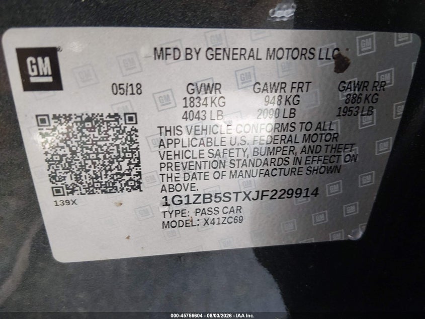 2018 Chevrolet Malibu VIN 1G1ZB5STXJF229914 IAAI salvage auction — FRONT END, Salvage (North Carolina), sold $1,550 on 2026-08-21 (photo 9)