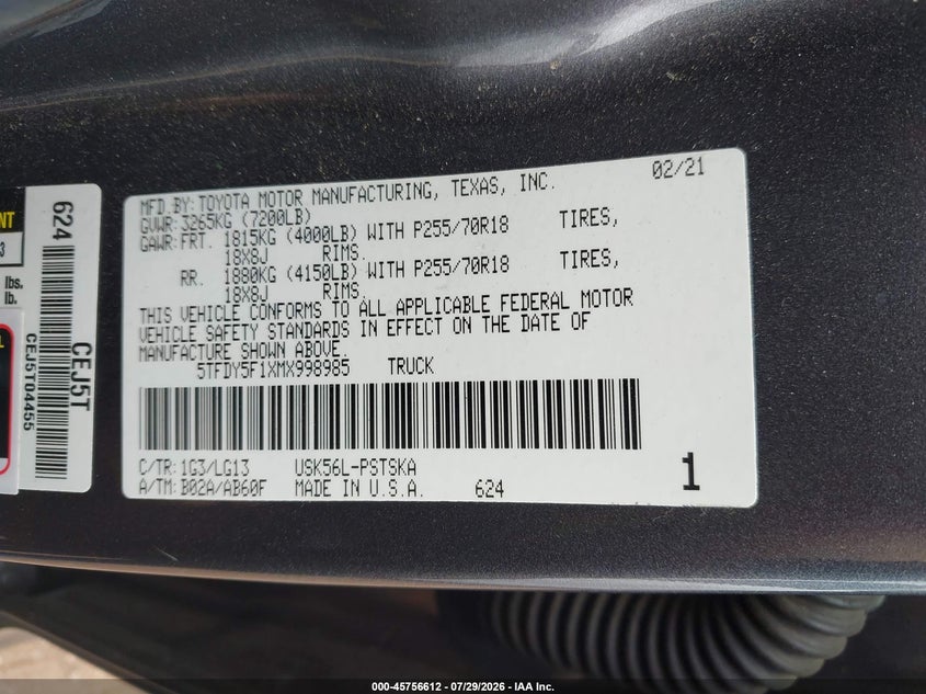 2021 Toyota Tundra VIN 5TFDY5F1XMX998985 IAAI salvage auction — FRONT END, Salvage Title, sold $14,425 on 2026-09-02 (photo 9)