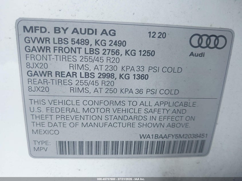 2021 Audi Q5 VIN WA1BAAFY5M2038451 IAAI salvage auction — LEFT FRONT, Wait Title, sold $9,600 on 2026-08-25 (photo 9)