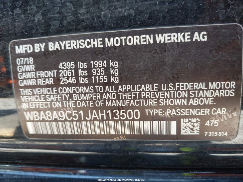 2018 BMW 3er VIN WBA8A9C51JAH13500 IAAI salvage auction — FRONT END, Salvage Title (California), sold $3,100 on 2026-08-11 (photo 9)
