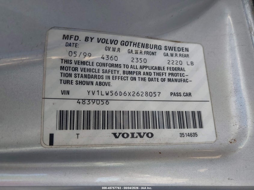 1999 Volvo V70 VIN YV1LW56D6X2628057 IAAI salvage auction — NORMAL WEAR, Clear - Dealer Only (California), sold $175 on 2026-08-11 (photo 9)