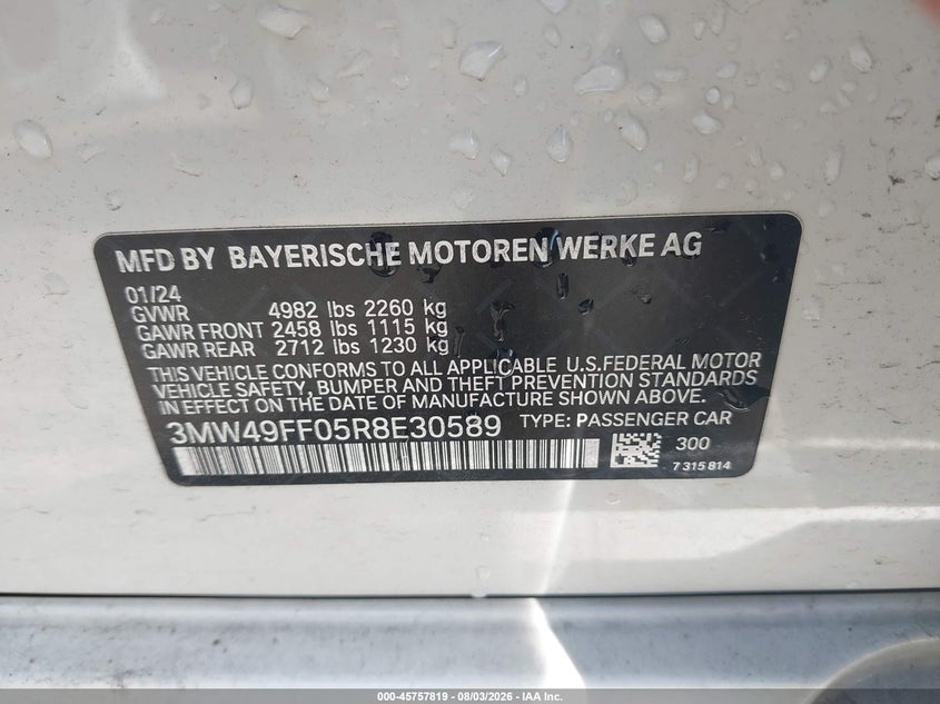 2024 BMW 3er VIN 3MW49FF05R8E30589 IAAI salvage auction — FRONT END, Salvage (Virginia), sold $26,800 on 2026-08-21 (photo 9)