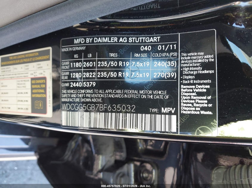 2011 Mercedes-benz Glk-class VIN WDCGG5GB7BF635032 IAAI salvage auction — FRONT END, Salvage Certificate (California), sold $2,750 on 2026-08-14 (photo 9)