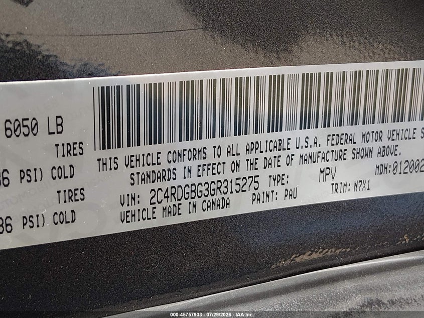 2016 Dodge Caravan VIN 2C4RDGBG3GR315275 IAAI salvage auction — NORMAL WEAR, Original (Texas), sold $2,325 on 2026-08-22 (photo 9)