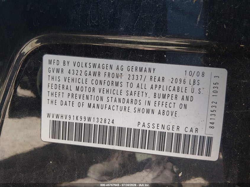 2009 Volkswagen Gti VIN WVWHV91K99W132824 IAAI salvage auction — NORMAL WEAR, Clear (Washington), sold $275 on 2026-08-12 (photo 9)