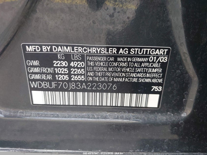2003 Mercedes-benz E-class VIN WDBUF70J83A223076 IAAI salvage auction — SIDE, Clear (Florida), sold $1,200 on 2026-08-06 (photo 9)