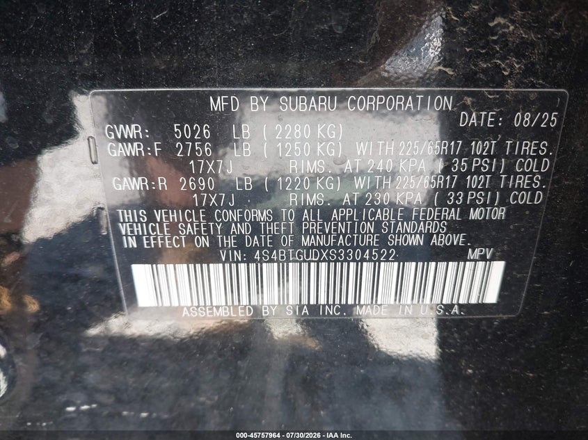 2025 Subaru Outback VIN 4S4BTGUDXS3304522 IAAI salvage auction — FRONT END, Wait Title, sold $11,200 on 2026-08-20 (photo 9)