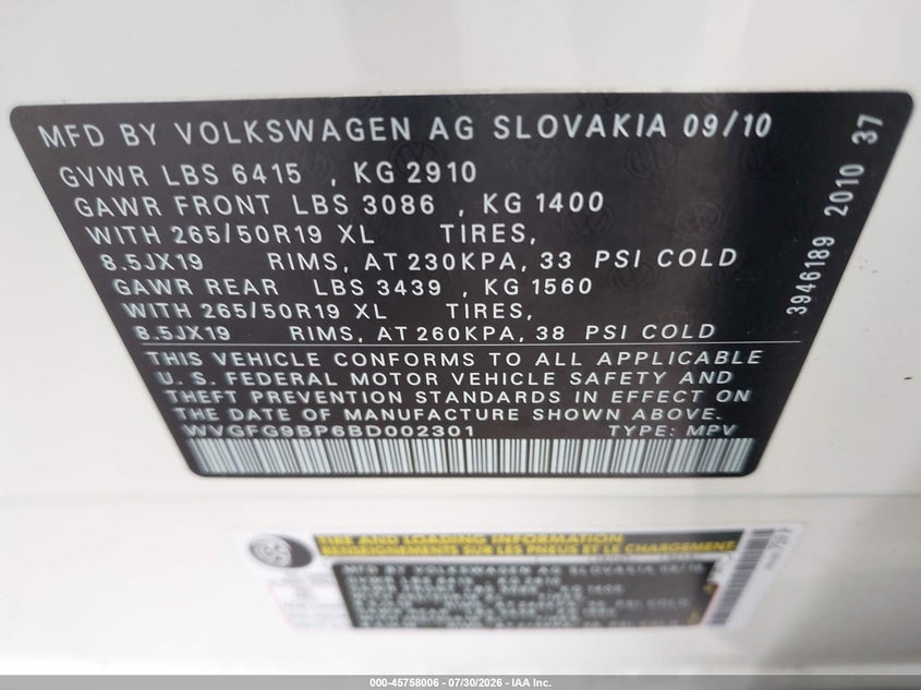 2011 Volkswagen Touareg VIN WVGFG9BP6BD002301 IAAI salvage auction — MECHANICAL, Clear (Florida), sold $425 on 2026-08-05 (photo 9)