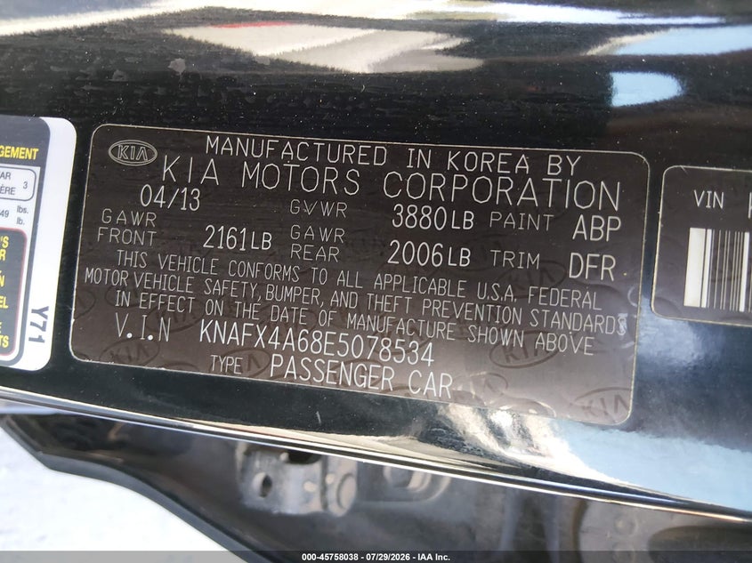 2014 Kia Forte VIN KNAFX4A68E5078534 IAAI salvage auction — UNKNOWN, Salvage Title, sold $750 on 2026-08-19 (photo 9)