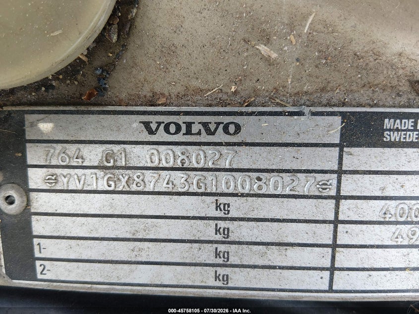 1986 Volvo 760 VIN YV1GX8743G1008027 IAAI salvage auction — NORMAL WEAR, Clear (Georgia), sold $200 on 2026-08-07 (photo 9)