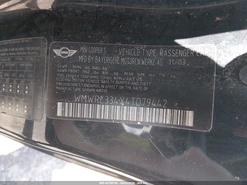2004 Mini Cooper VIN WMWRE334X4TD79442 IAAI salvage auction — NORMAL WEAR, Original (Ohio), sold $3,150 on 2026-08-12 (photo 9)