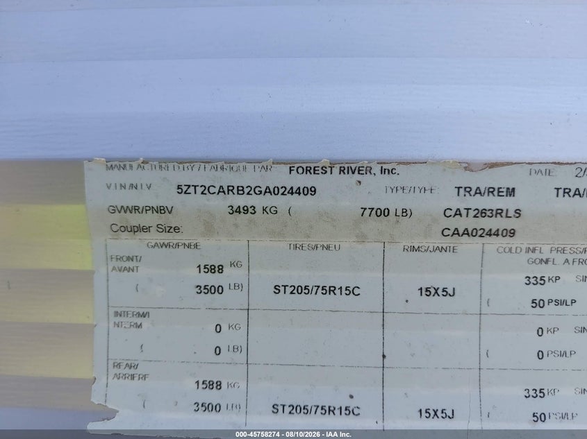 2016 Coachmen Catalina VIN 5ZT2CARB2GA024409 IAAI salvage auction — HAIL, Wait Title, sold $4,450 on 2026-09-22 (photo 9)