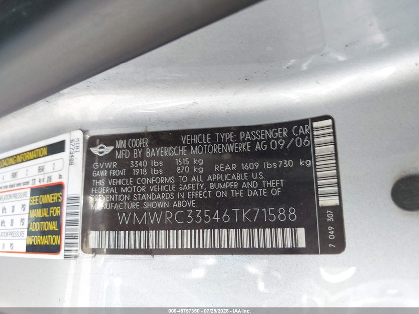 2006 Mini Cooper VIN WMWRC33546TK71588 IAAI salvage auction — FRONT END, Salvage (California), sold $700 on 2026-08-06 (photo 9)