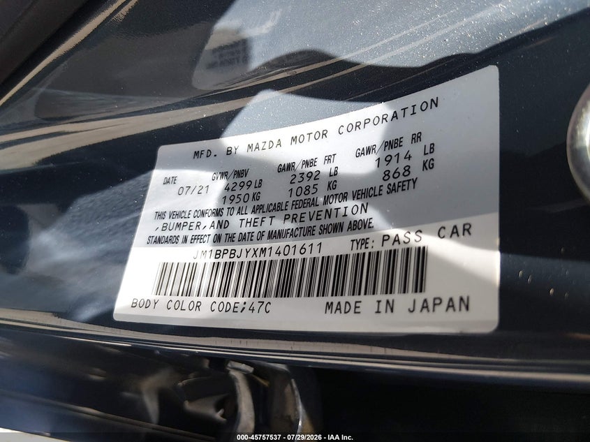 2021 Mazda 3 VIN JM1BPBJYXM1401611 IAAI salvage auction — FRONT END, Salvage Title, sold $1,050 on 2026-08-25 (photo 9)
