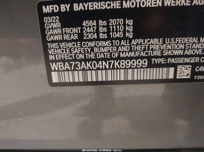 2022 BMW 2er VIN WBA73AK04N7K89999 IAAI salvage auction — FRONT & REAR, Salvage Title, sold $6,400 on 2026-08-19 (photo 9)