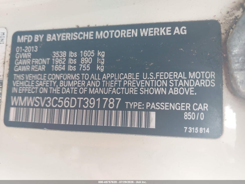 2013 Mini Hard top VIN WMWSV3C56DT391787 IAAI salvage auction — NORMAL WEAR, Clear (Tennessee), sold $725 on 2026-08-27 (photo 9)