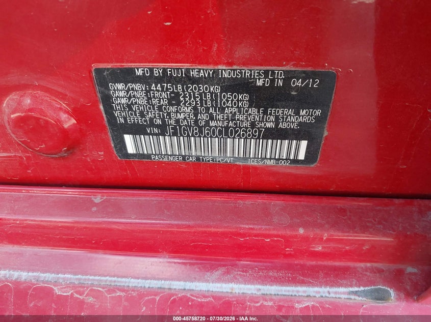2012 Subaru Impreza wrx sti VIN JF1GV8J60CL026897 IAAI salvage auction — REAR END, Salvage Title, sold $3,050 on 2026-10-08 (photo 9)