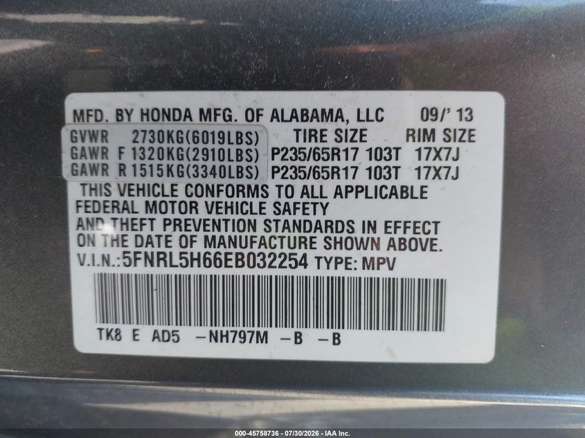 2014 Honda Odyssey VIN 5FNRL5H66EB032254 IAAI salvage auction — FRONT END, Salvage Title, sold $2,350 on 2026-08-06 (photo 9)