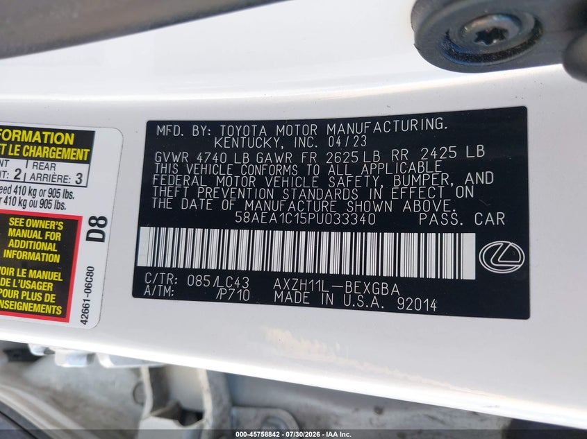2023 Lexus ES VIN 58AEA1C15PU033340 IAAI salvage auction — LEFT REAR, Wait Title, sold $22,200 on 2026-08-25 (photo 9)