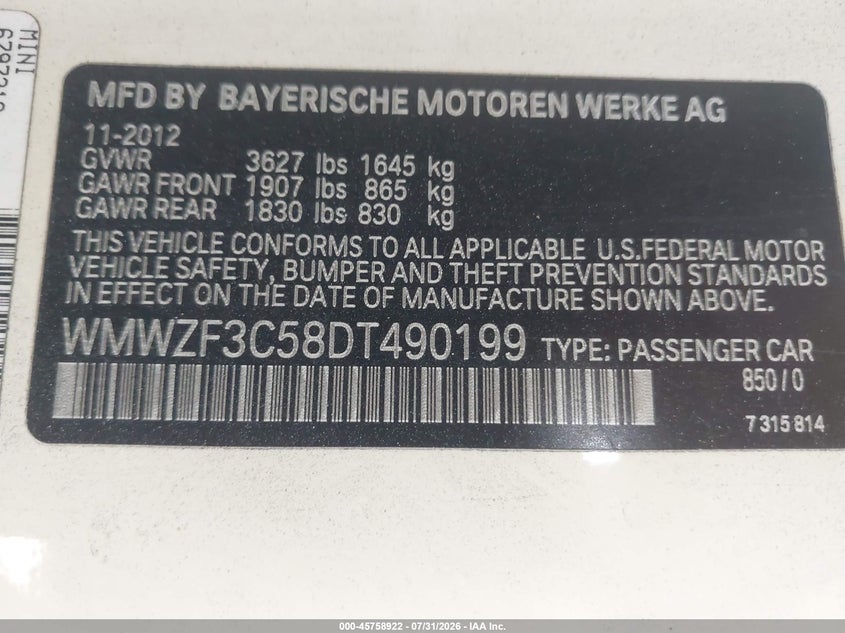 2013 Mini Clubman VIN WMWZF3C58DT490199 IAAI salvage auction — FRONT END, Salvage Title, sold $700 on 2026-08-11 (photo 9)