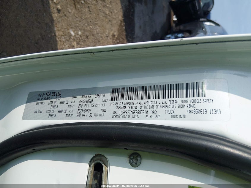 2015 Ram 1500 VIN 1C6RR7TM6FS695710 IAAI salvage auction — HAIL, Clear (Oklahoma), sold $5,800 on 2026-09-02 (photo 9)
