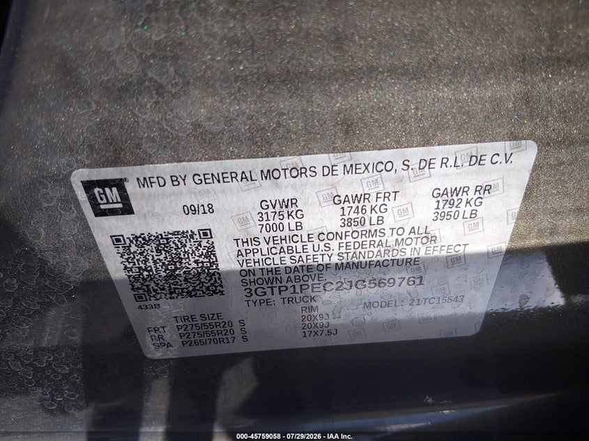 2018 Gmc SIERRA VIN 3GTP1PEC2JG569761 IAAI salvage auction — FRONT END, Salvage (Nevada), sold $8,025 on 2026-08-28 (photo 9)