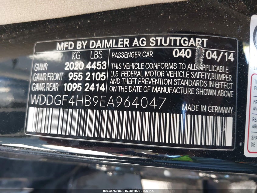 2014 Mercedes-benz C-klasse VIN WDDGF4HB9EA964047 IAAI salvage auction — LEFT REAR, Salvage Title, sold $2,650 on 2026-08-19 (photo 9)