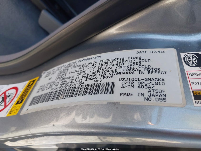 2005 Lexus Lx VIN JTJHT00W553548934 IAAI salvage auction — FRONT END, Salvage (California), sold $11,650 on 2026-09-02 (photo 9)