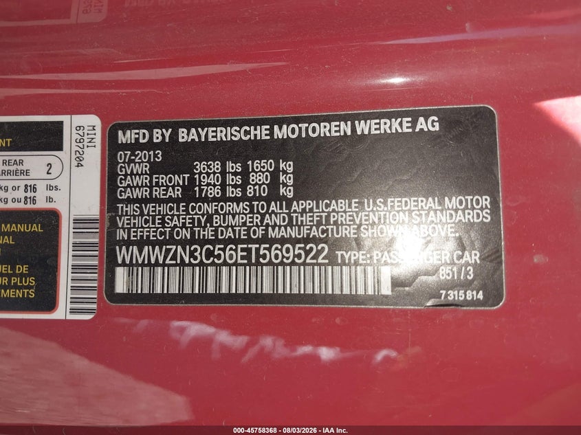 2014 Mini Convertible VIN WMWZN3C56ET569522 IAAI salvage auction — FRONT END, Salvage (California), sold $500 on 2026-08-13 (photo 9)