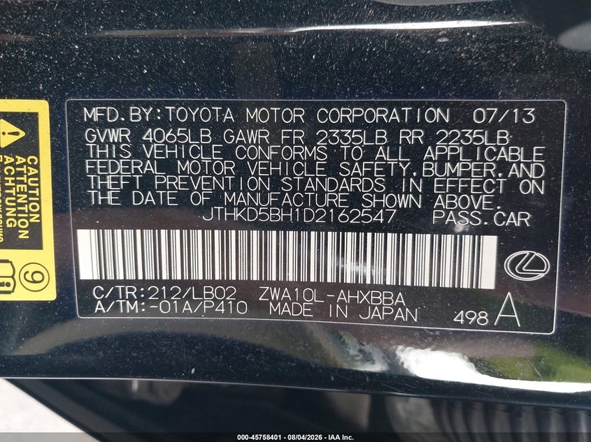 2013 Lexus Ct VIN JTHKD5BH1D2162547 IAAI salvage auction — FRONT END, Wait Title, sold $2,350 on 2026-09-04 (photo 9)