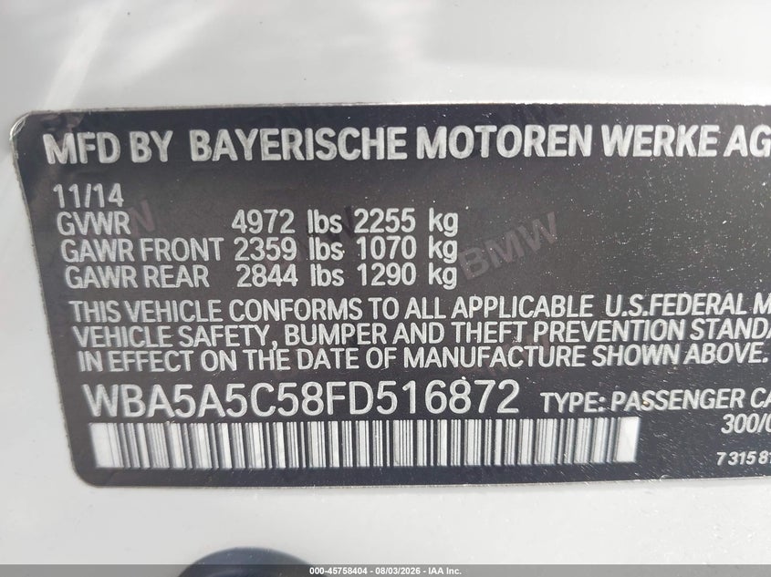 2015 BMW 5er VIN WBA5A5C58FD516872 IAAI salvage auction — FRONT END, Rebuildable (Florida), sold $3,600 on 2026-08-25 (photo 9)