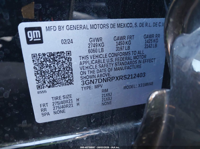 2024 Chevrolet Equinox VIN 3GN7DNRPXRS212403 IAAI salvage auction — REAR END, Salvage Title, sold $11,350 on 2026-08-26 (photo 9)