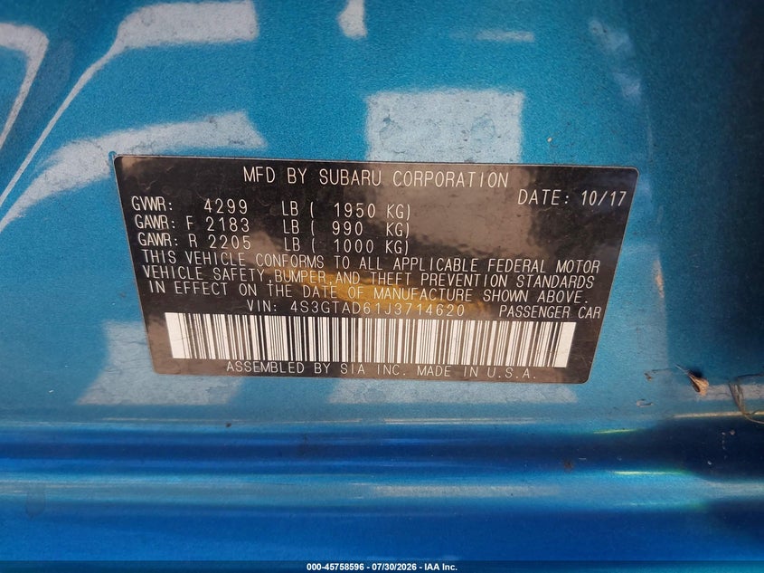 2018 Subaru Impreza VIN 4S3GTAD61J3714620 IAAI salvage auction — FRONT END, Wait Title, sold $3,950 on 2026-08-24 (photo 9)