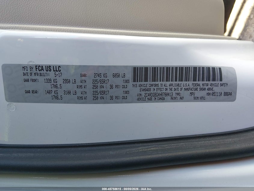 2017 Dodge Grand caravan VIN 2C4RDGBGXHR780413 IAAI salvage auction — FRONT END, Sf97 (California), sold $10,600 on 2026-09-10 (photo 9)