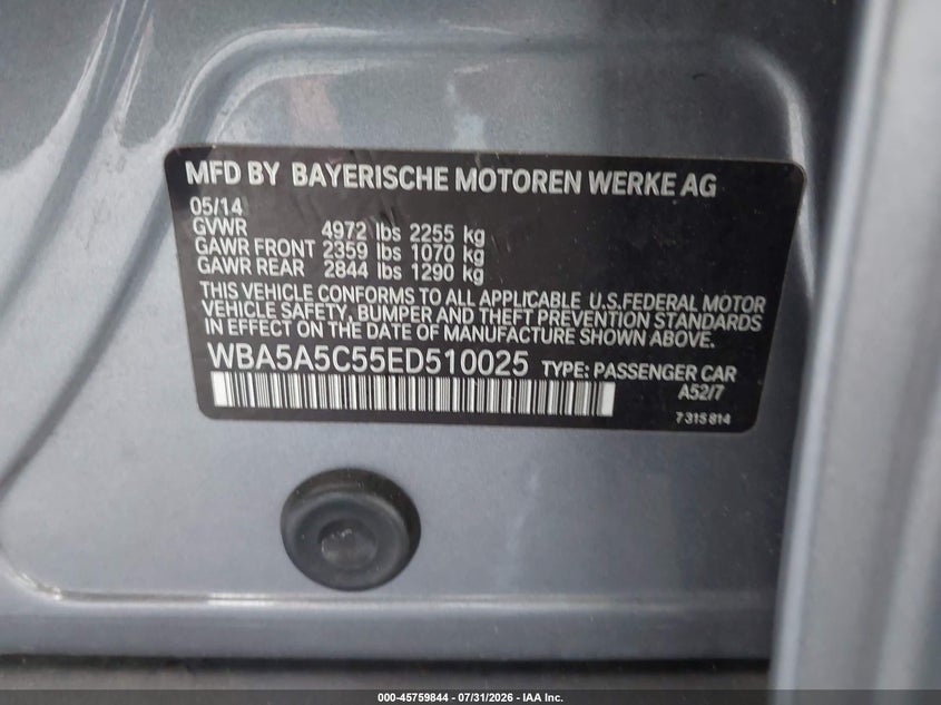 2014 BMW 5er VIN WBA5A5C55ED510025 IAAI salvage auction — RIGHT REAR, Rebuildable (Florida), sold $1,100 on 2026-08-12 (photo 9)