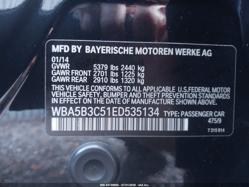 2014 BMW 5er VIN WBA5B3C51ED535134 IAAI salvage auction — NORMAL WEAR, Clear (New Jersey), sold $3,900 on 2026-08-12 (photo 9)