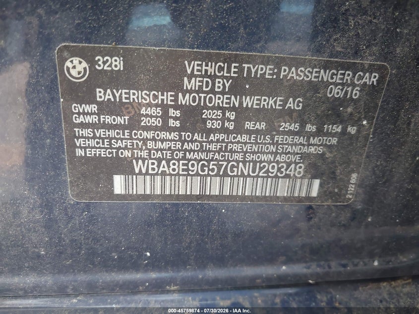 2016 BMW 3 series VIN WBA8E9G57GNU29348 IAAI salvage auction — FRONT END, Salvage (Arizona), sold $425 on 2026-08-26 (photo 9)
