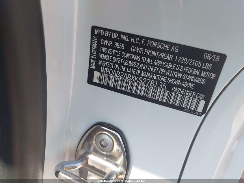 2019 Porsche 718 cayman VIN WP0AB2A8XKS278135 IAAI salvage auction — FRONT END, Wait Title, sold $26,650 on 2026-09-21 (photo 9)